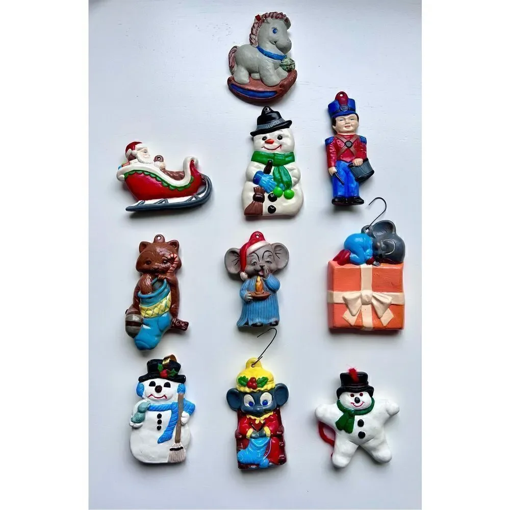 Set of 10 Vintage Ceramic Christmas Ornaments Snowmen, Santa, Mouse, Soldier